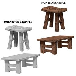WizKids Deep Cuts Unpainted Miniatures: W4 Wooden Table & Stools